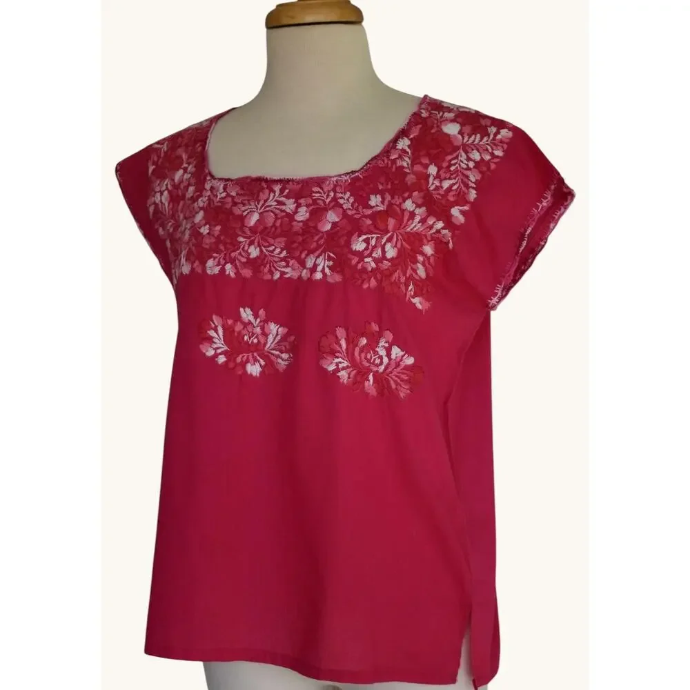 Vintage 70s Hand Embroidered Mexican Blouse, Pink Cotton, Size M Medium
